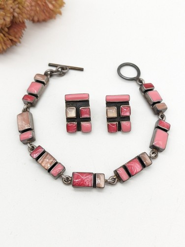 Vintage Sterling Silver Pink Glitter Stone Panel Earrings Set Bezel Mexican ? - 第 1/9 張圖片