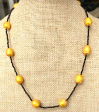 Faceted 2mm Bright Black Spinel Gem 10-12mm Akoya yellow Pearl Necklace 18”