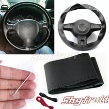 Genuine-Leather-DIY Car Steering-Wheel Cover Anti-slip For 15"/38 cm Black US
