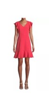ELIZA J FLOUNCE HEM RUFFAL TRIM V-NECK A-LINE CORAL DRESS S 4 Crepe New