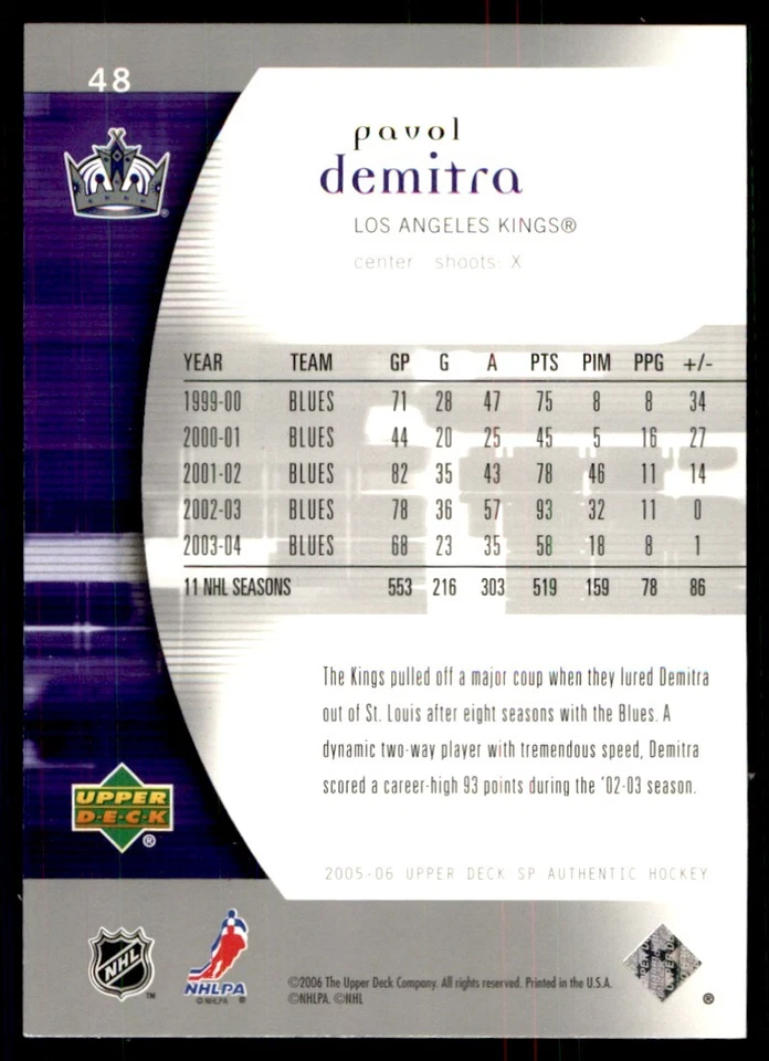 2005-06 SP Authentic Pavol Demitra Los Angeles Kings #48 - Image 2 of 2
