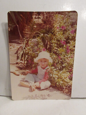 VINTAGE FOUND PHOTOGRAPH ORIGINAL ART COLOR PHOTO 1970S BOY OVERALLS HAT FLOWERS