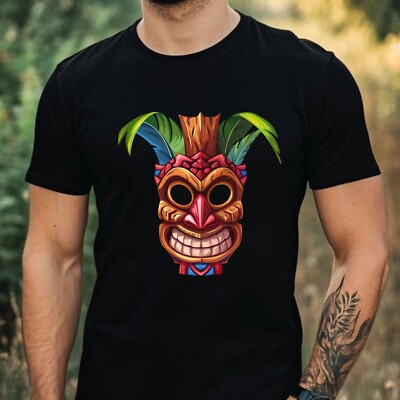 Mens Hawaiian Tiki Mask Motif Cotton T-Shirt Size XS to 5XL