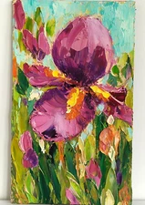 Iris Original Oil Painting on Panel Flower Impasto Purple Flower Textured Art