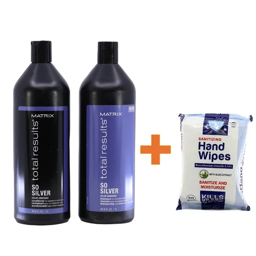 Matrix Total Results SO SILVER Shampoo and Conditioner 33.8oz + sanitizing wipe