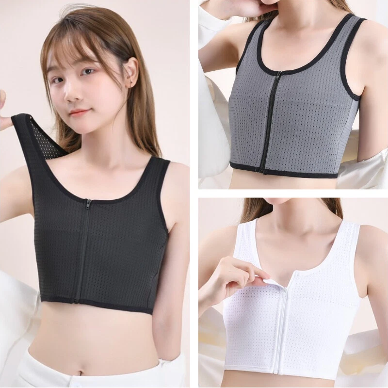 Women Flat Chest Breast Binder Tomboy Zip Sports Bra Vest Tank Top