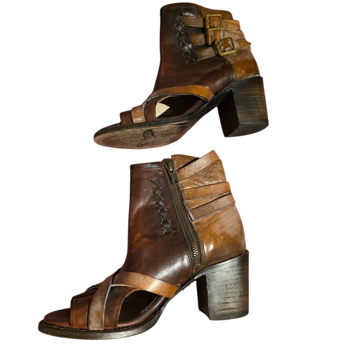 FreeBird By Steve Peru Leather Open Toe Booties Buckle Ankle  FreeBird Peru Leather Open Toe Booties Block Heel Buckle Ankle Boots Brown Size main image 1