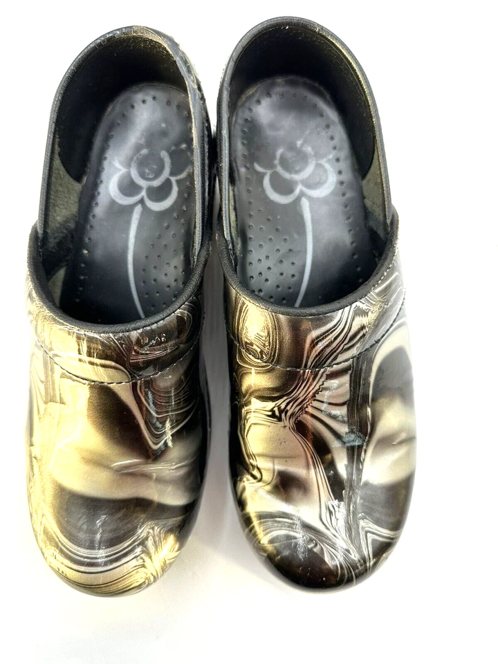 Zuecos daneses Sanita talla 37 negro/plateado diseño "pintura" remolino para mujer talla 6 Foto 4 de 4