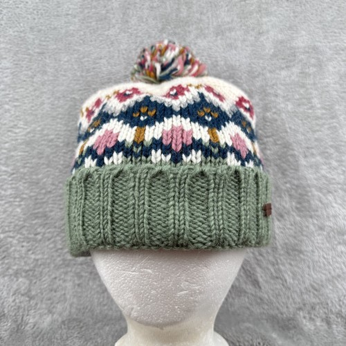 Fat Face Fair Isle Wool Knit Beanie Bobble Winter Hat One Size Green Haze Pink