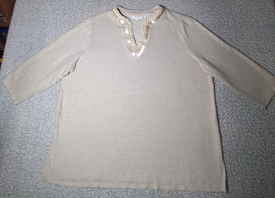 Chicos Womens Blouse 4 (XXL) Beige Gold Beaded Neckline 3/4 Sleeve Shimmer Linen