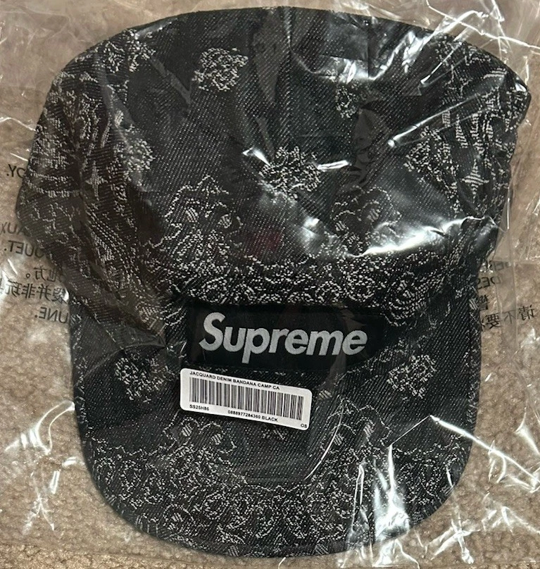 Casquette de camp en denim jacquard Supreme Bandana noire OS réglable SS25 NEUVE AVEC ÉTIQUETTE LIVRAISON GRATUITE