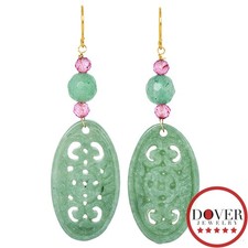 Estate Jade Sapphire 14K Gold Carved Swirl Dangle Drop Earrings 4.9 Gr NR