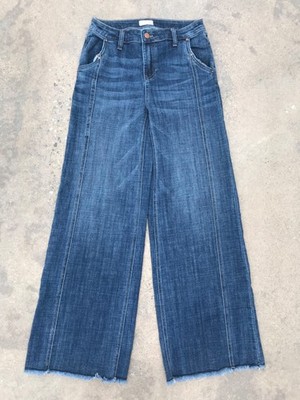 Hint of Blu Mighty Pocket Frayed Wide Leg Jeans Space Blue Lite Thigh Fade
