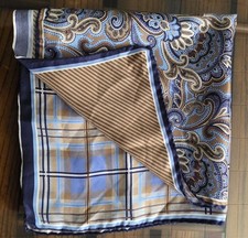 100 Silk Pocket Square Scarf Made In Italy Blue Paisley Plaid 17x17