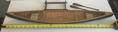 Vintage Handmade Green Folk Art Miniature Canoe 27.75'' & Oars Stand-Maine Estate