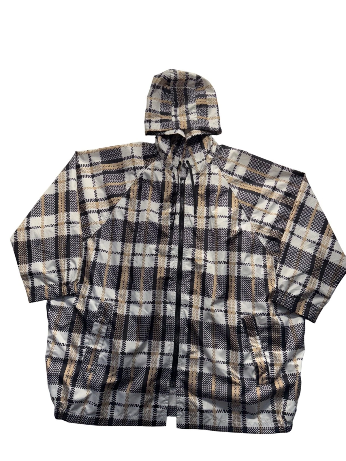 ShedRain Hooded Plaid Rain Poncho Jacket S Lightweight Beige/Black 30"x28" #9354