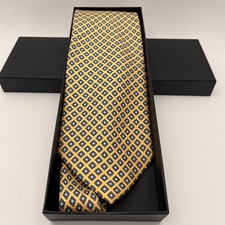 Corbata de seda E. Marinella dorada amarilla geométrica azul flores de lujo extra larga 61"