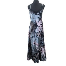 Linea Donatella Tropical Floral Satin Lace Trim Maxi Nightgown Slip Dress Large