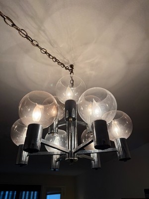 Vintage Mid Century Modern MCM Chrome 9 light Chandelier  with Glass Globes