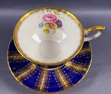 Paragon England Cobalt Blue Gold Feathered Design Rose Floral Cup and Saucer Set