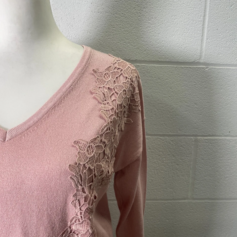 Suéter Elle Mujer Pequeño Rosa Tejido Encaje Detalle Manga Larga Cuello en V Pullover Foto 4 de 4