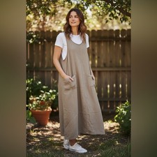 Vintage 90s Ty Wear Womens Tan Tencel Maxi Dress Size 18 Pockets