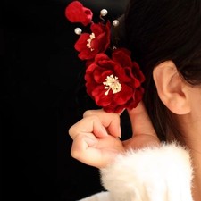 Red Camellia Hair Clip Chinese Style Side Hair Accessory Bridal Hanfu