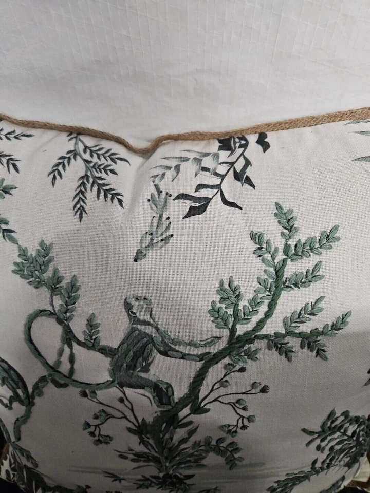 Gorgeous Pair Of Green Embroidered 18"  Pillow Casings Only W/Adorable Monkies - Image 4 of 4