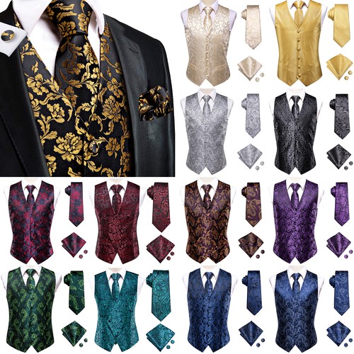 Hi-Tie Mens Waistcoats Paisley Floral Silk Vest Tie Set Lapel Classic Gilet Tops