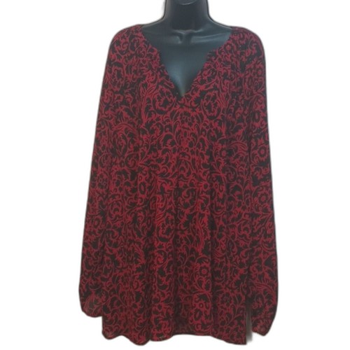 Torrid Shirt Gr. 4X rot mit schwarzen Blumen transparent Tunika Bluse Henley leicht