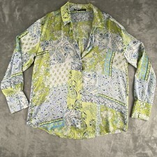 Zara Shirt Womens Small Green Ecru Printed Satin Finish Button Up Flashy Work