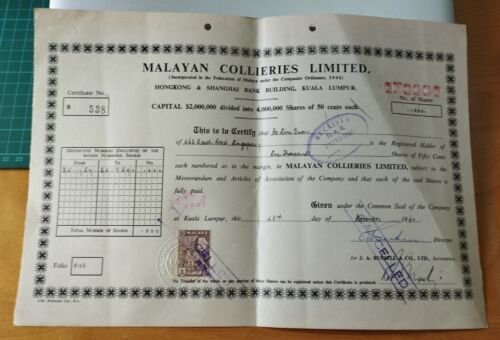 Federation of MALAYA Old Share Certificate 1960 Malayan Collieries Limited B538 - Picture 1 of 7