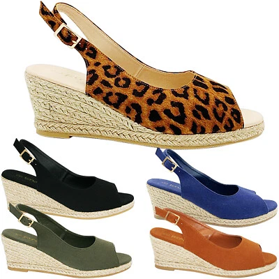 LADIES WOMENS MID WEDGE BUCKLE STRAP ESPADRILLE PEEP TOE SANDALS SHOES SIZE OPEN