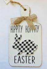 Wooden Easter Bunny Buffalo Plaid Farmhouse Hanging Sign Home Decor 11" x 6"