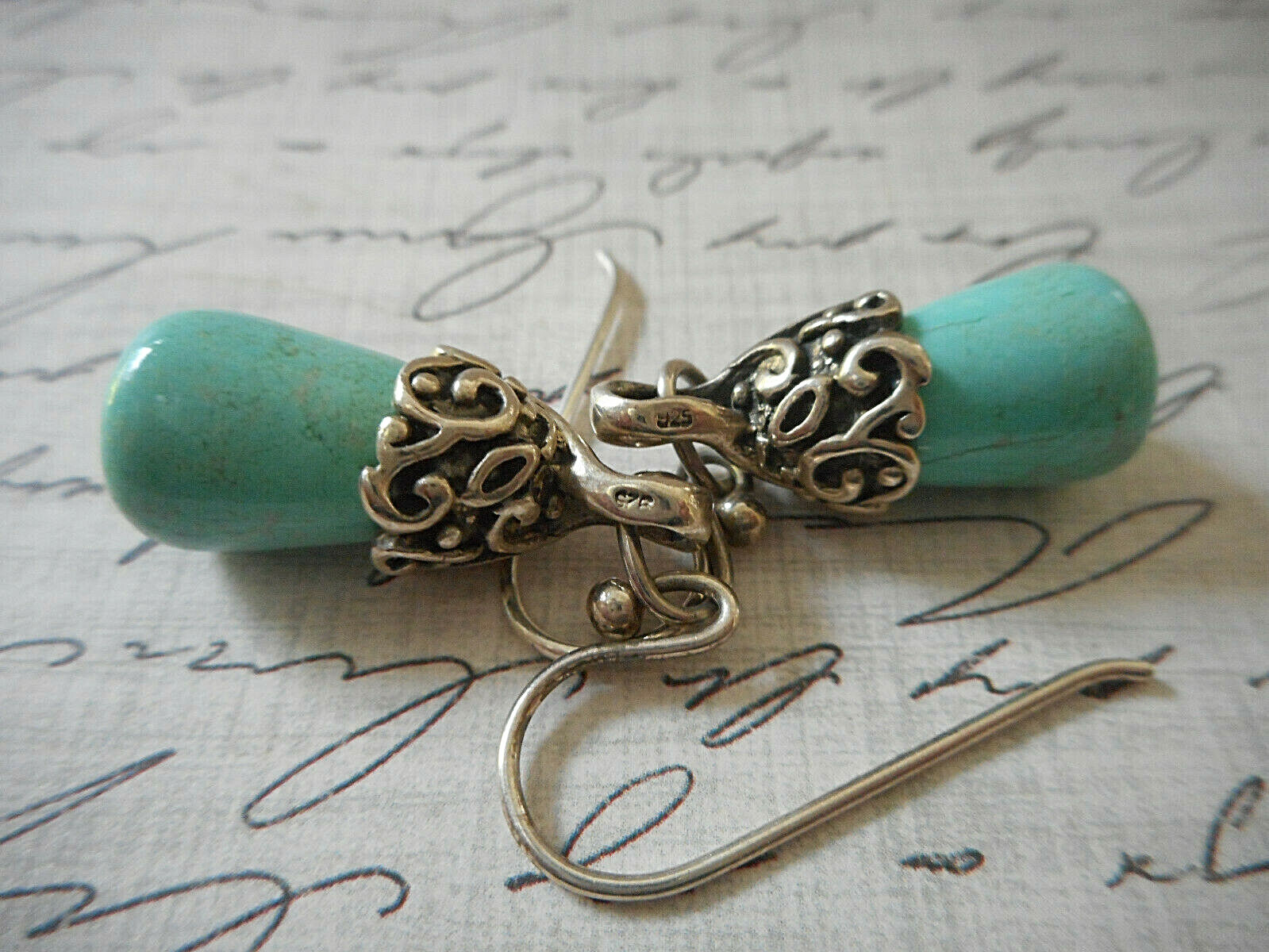 Oxidized Sterling Silver Leaf Capped Turquoise Da… - image 3