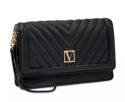 Victoria's Secret Black V Quilt Wristlet Wallet With Snap Closure