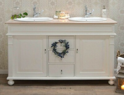 Doppelwaschtisch mit Eichenplatte im Landhausstil ''Almera'' | H91xB150xT52cm |