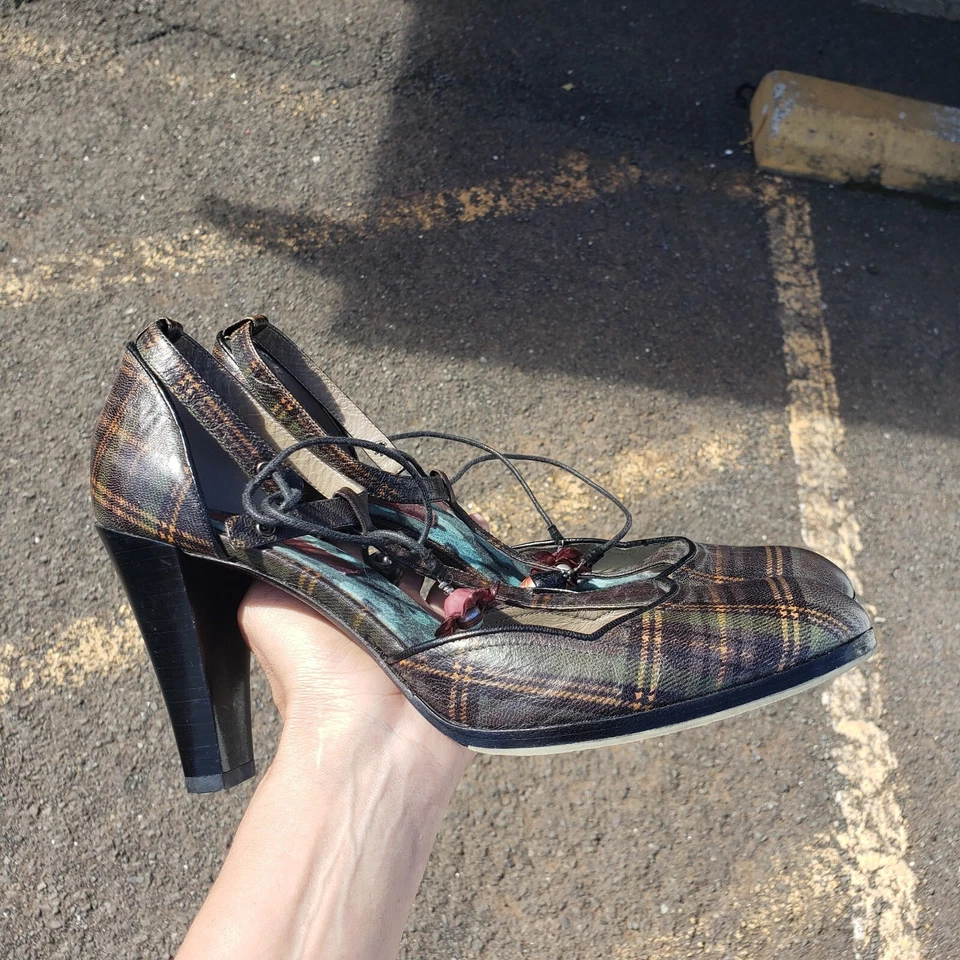 Kenzo Mary Jane 尺寸 9 Grunge School 女孩泵 绿色格子皮革 T 字带 复古 全新 — 第 3/4 张图片