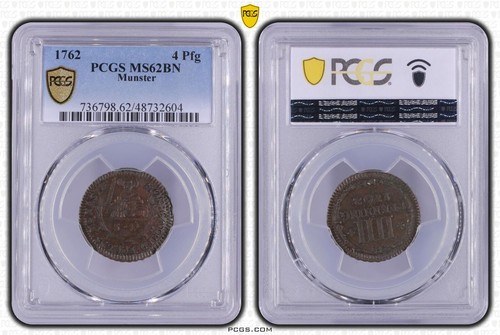 Coin Penny Munster 4 Pfennig 1762 PCGS MS62BN TOP POP 1/0 nswleipzig