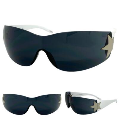 Classic Elegant Modern Contemporary Wrap Shield SUNGLASSES Dark Lens Silver Star