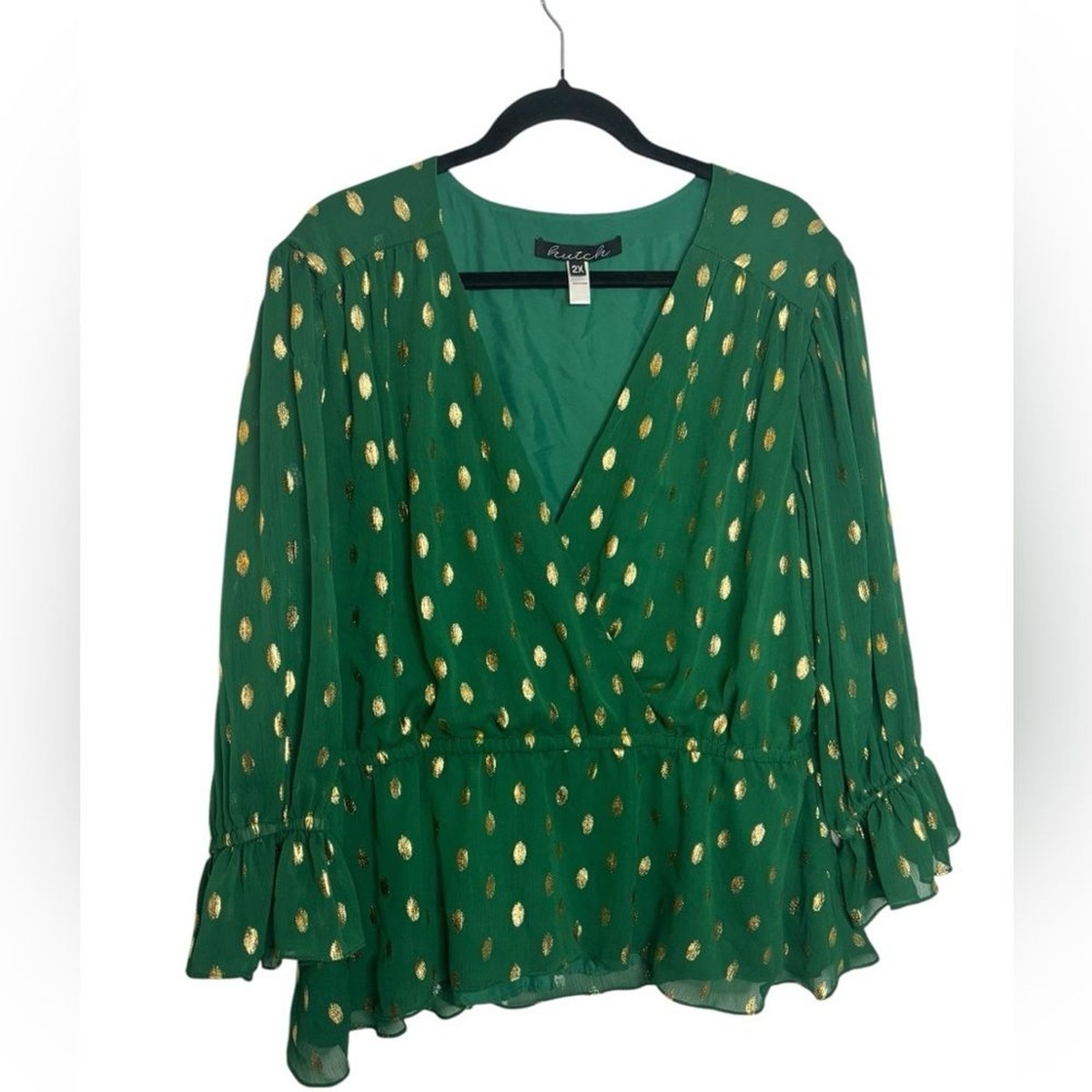 Hutch for Anthropologie Hunter Green & Metallic Gold Dot Blouse