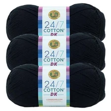 (3 Pack) Lion Brand Yarn 769-153AG 24/7 Cotton DK Yarn, Caviar