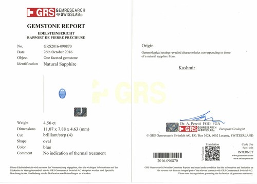 Zafiro azul cachemira con certificación GIA GRS 4,56 quilates natural sin tratar azul medio - Imagen 5 de 12