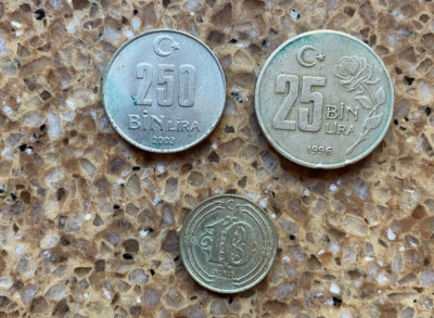 250 & 25 Bin Lira & 10 Kurus - 1996-2009 Türkei Münzen - Umlaufzustand