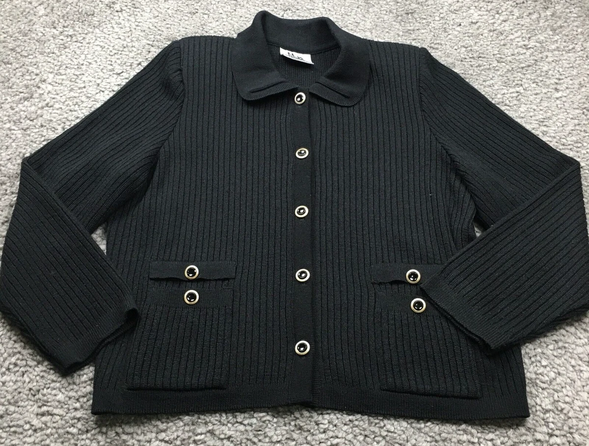 VTG Mita Womens Cardigan Sweater Size L Black Ribbed Knit Shoulder