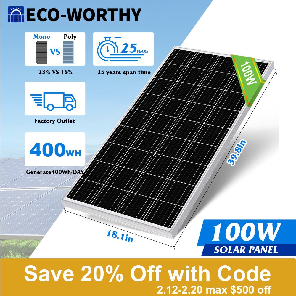 An image depicting ECO-WORTHY 100W Watt 12V Monocrystalline Solar Panel 12BB Cell For Home RV