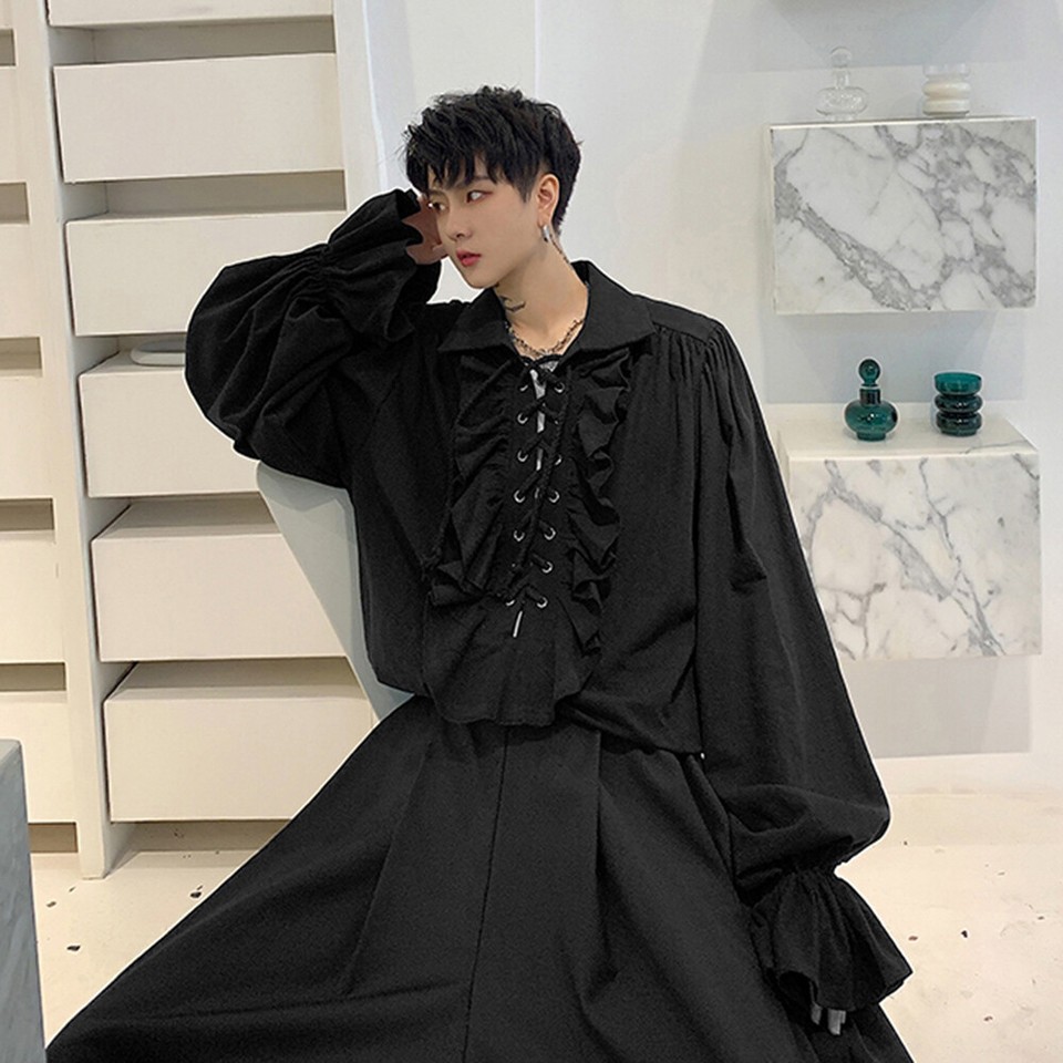 Mens Medieval Pirate Lace Up Ruffle Collared T-shirt Puff Sleeve Top ...