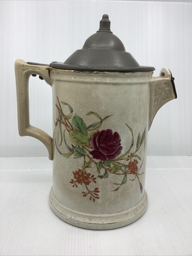 Antique Large Knowles Taylor Knowles Hand Painted Pitcher Coffee Pot Pewter Lid - Picture 3 of 12