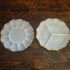 Vintage Anchor Hocking Fire King Milk Glass Divided Tray Egg Plate Platter Gold