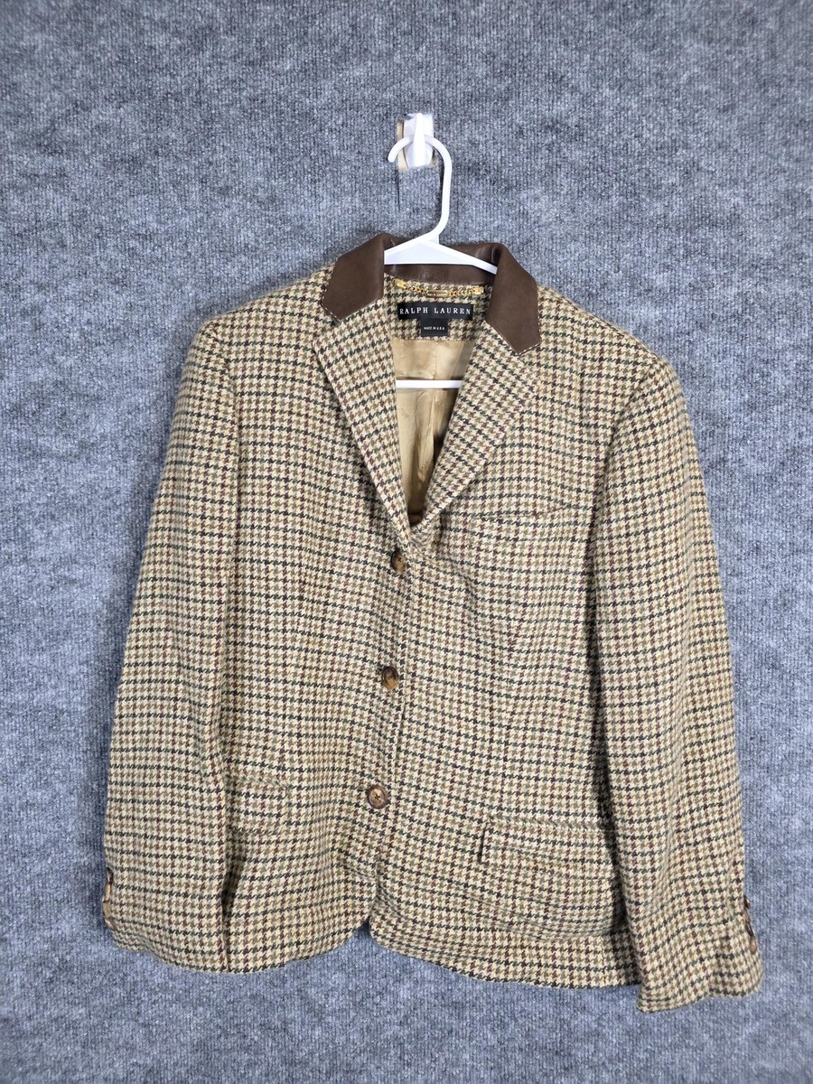 Ralph Lauren Blazer Womens 10 Houndstooth Tweed Cashmere Leather